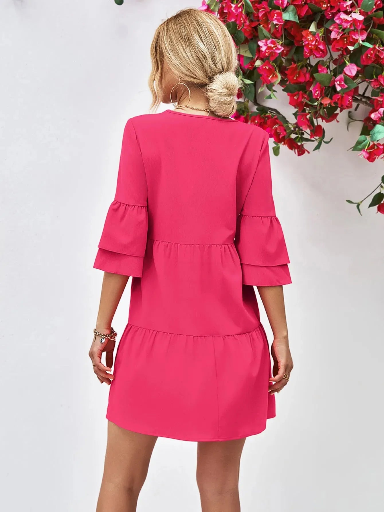 V-Neck Flare Sleeve Mini Dress Casual Dresses - Tophatter Daily Deals